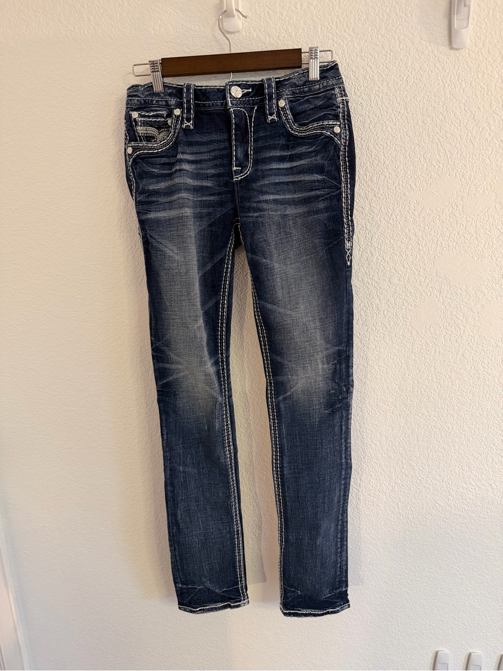 Rock Revival Women's Dark Blue Straight Jeans with Contrast Stitching